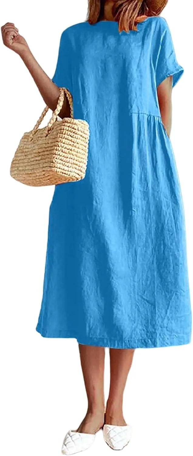 Women's Flowy Cotton Linen Dress Summer Beach Casual Loose Short Sleeve Round Neck Baggy Basic Solid Color Long Dress