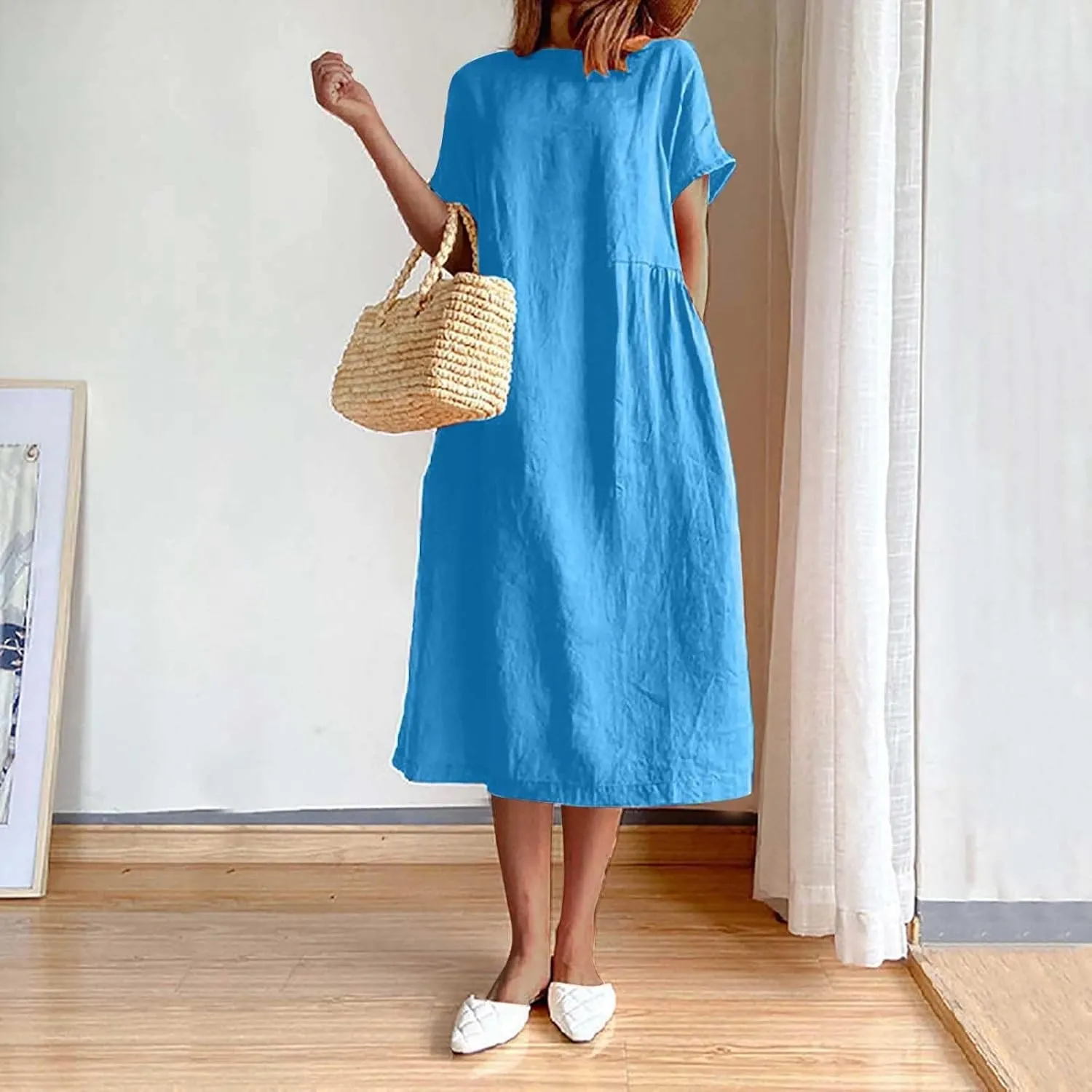 Women's Flowy Cotton Linen Dress Summer Beach Casual Loose Short Sleeve Round Neck Baggy Basic Solid Color Long Dress