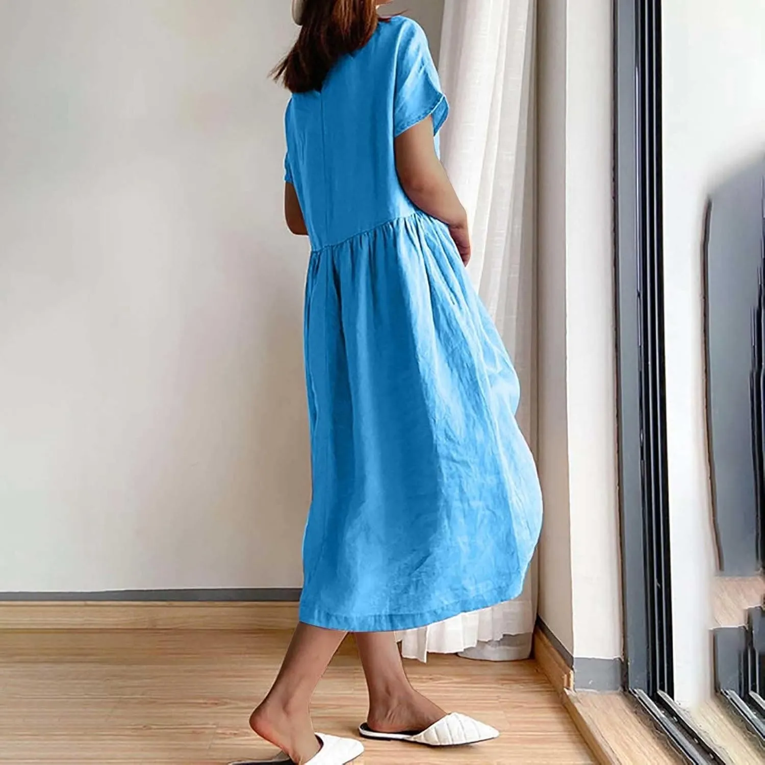 Women's Flowy Cotton Linen Dress Summer Beach Casual Loose Short Sleeve Round Neck Baggy Basic Solid Color Long Dress