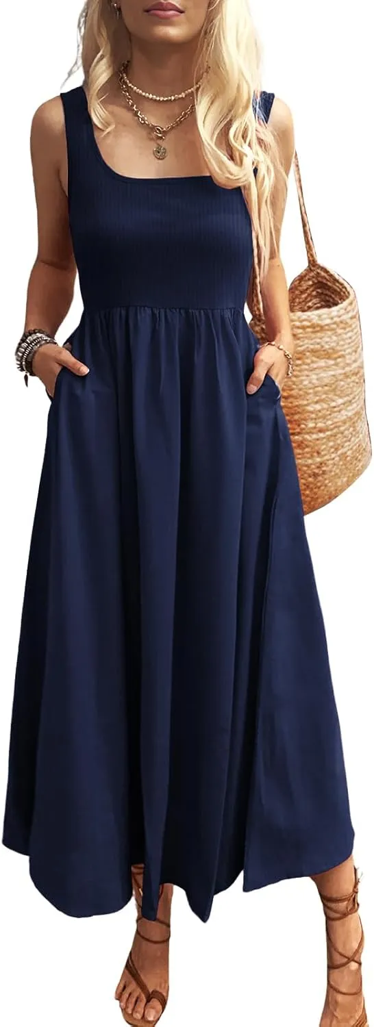 Women's Maxi Dress Summer Sleeveless Swing Sundress Casual Loose Tank Long Dresses with Pockets