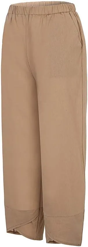 Womens Pants Elastic Waist Straight Leg Trouser Solid Pockets Casual Loose Pants Cotton Linen Soft Comfy Beachwear