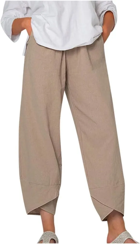 Womens Pants Elastic Waist Straight Leg Trouser Solid Pockets Casual Loose Pants Cotton Linen Soft Comfy Beachwear
