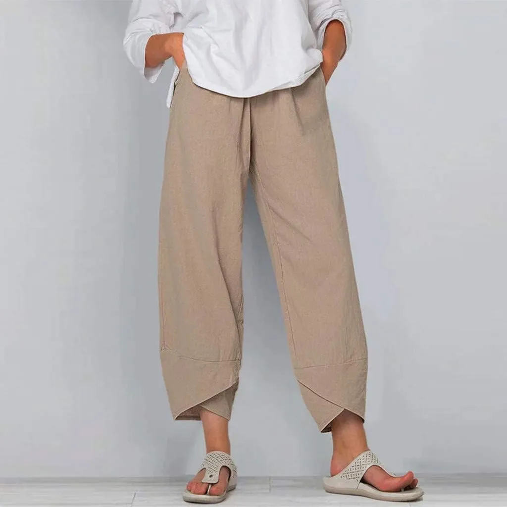 Womens Pants Elastic Waist Straight Leg Trouser Solid Pockets Casual Loose Pants Cotton Linen Soft Comfy Beachwear