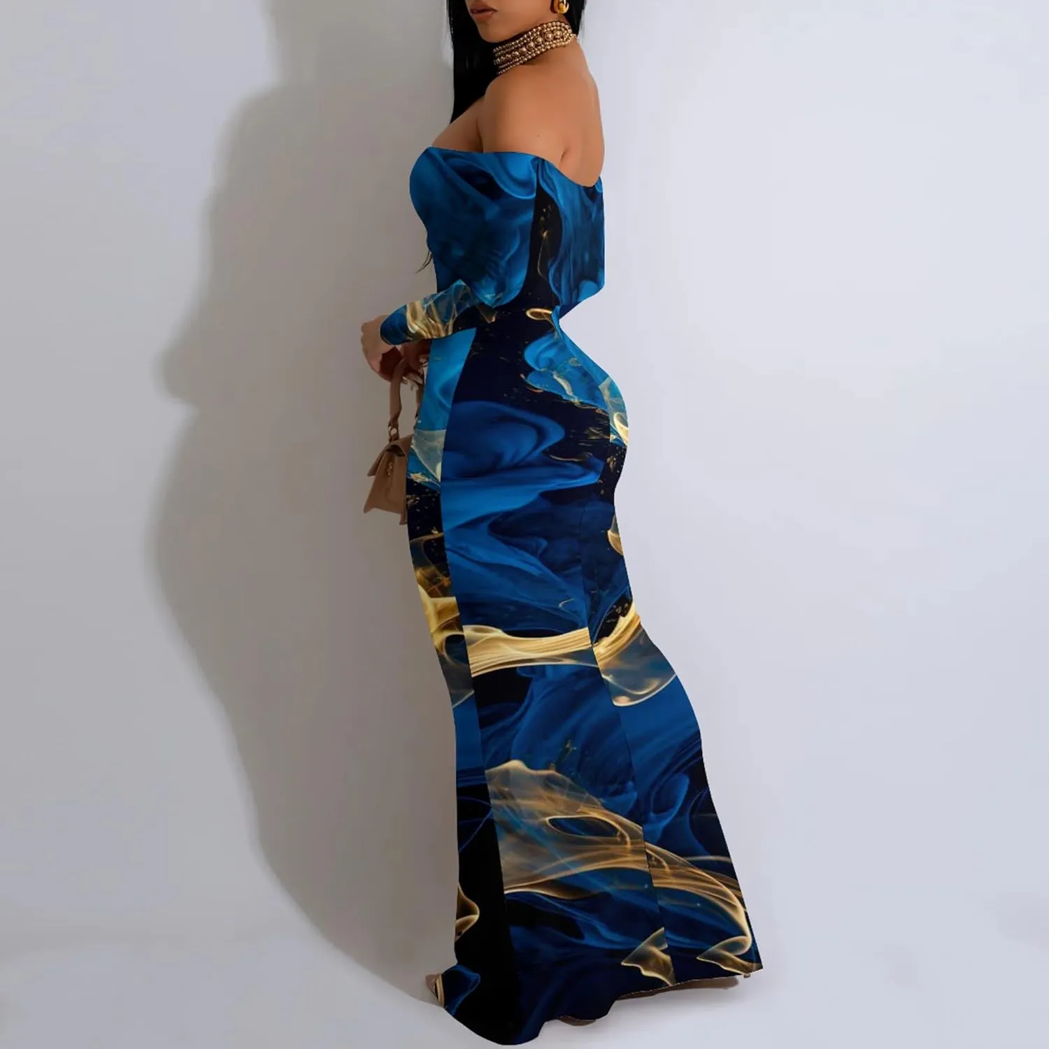 Women's Sexy Elegant Bodycon Long Sleeve Off Shoulder Evening Dress Cocktail Party Fishtail Maxi Dress Backless Dress