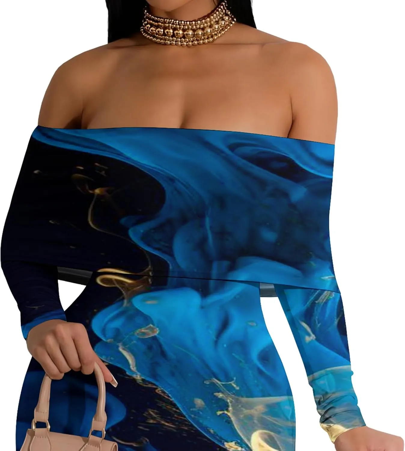 Women's Sexy Elegant Bodycon Long Sleeve Off Shoulder Evening Dress Cocktail Party Fishtail Maxi Dress Backless Dress