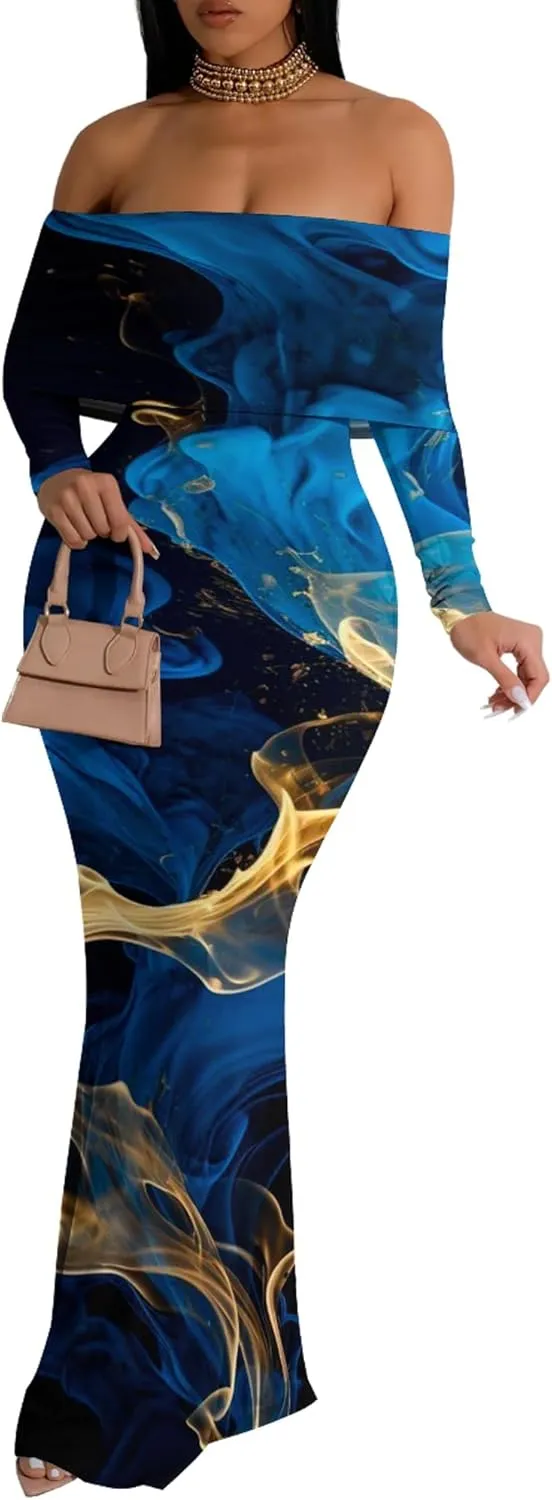 Women's Sexy Elegant Bodycon Long Sleeve Off Shoulder Evening Dress Cocktail Party Fishtail Maxi Dress Backless Dress