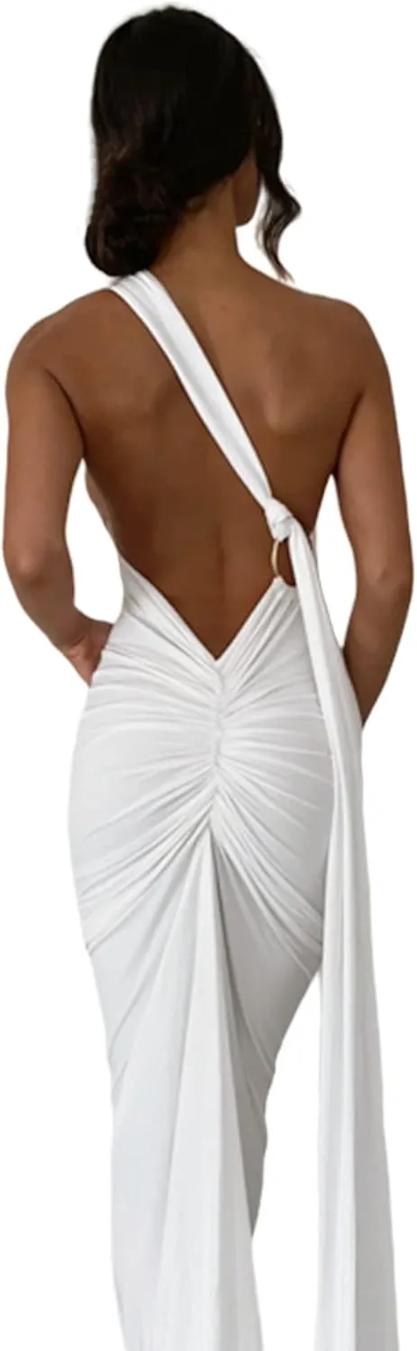 Women's Sexy One Shoulder Backless Maxi Dress Elegant Ruched O Ring Sleeveless Evening Dress Long Gown Cocktail Dress