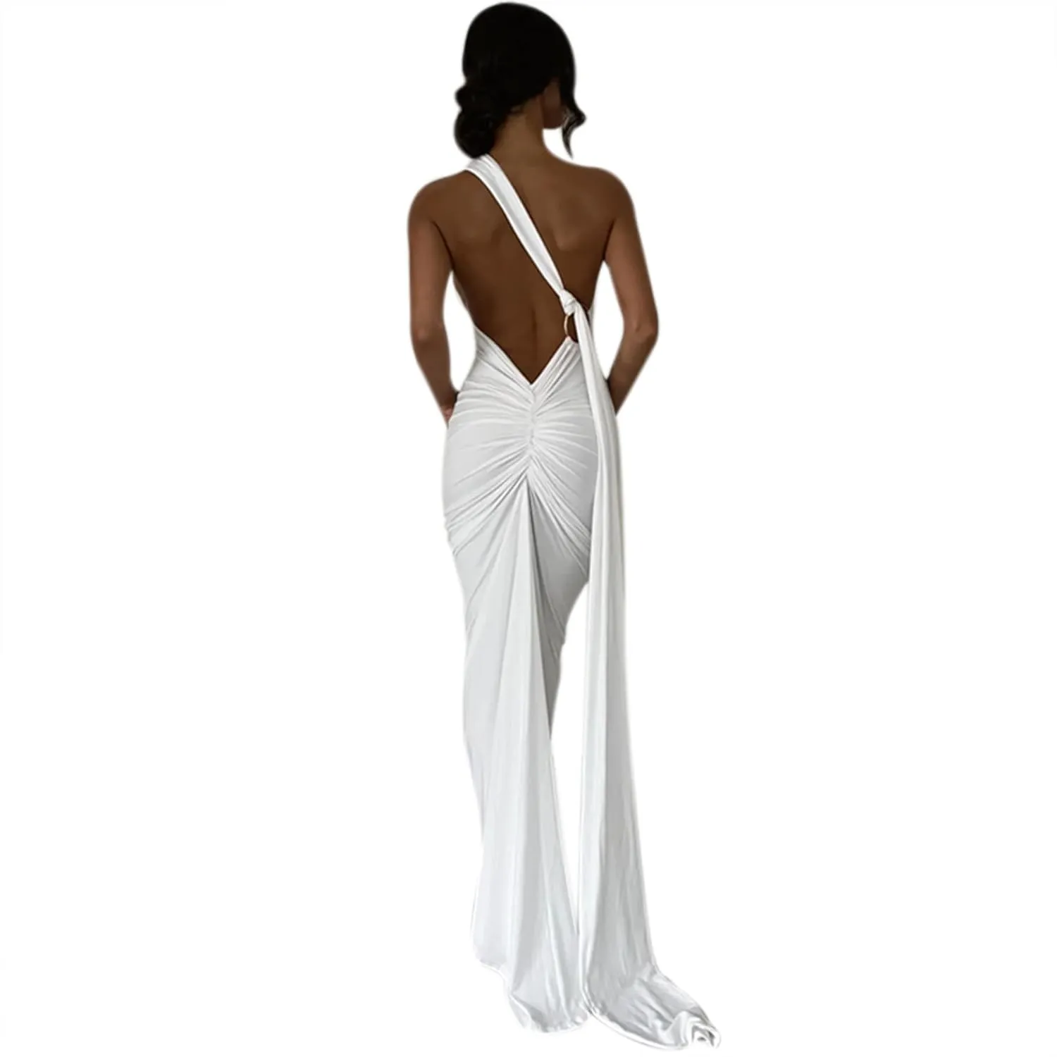 Women's Sexy One Shoulder Backless Maxi Dress Elegant Ruched O Ring Sleeveless Evening Dress Long Gown Cocktail Dress