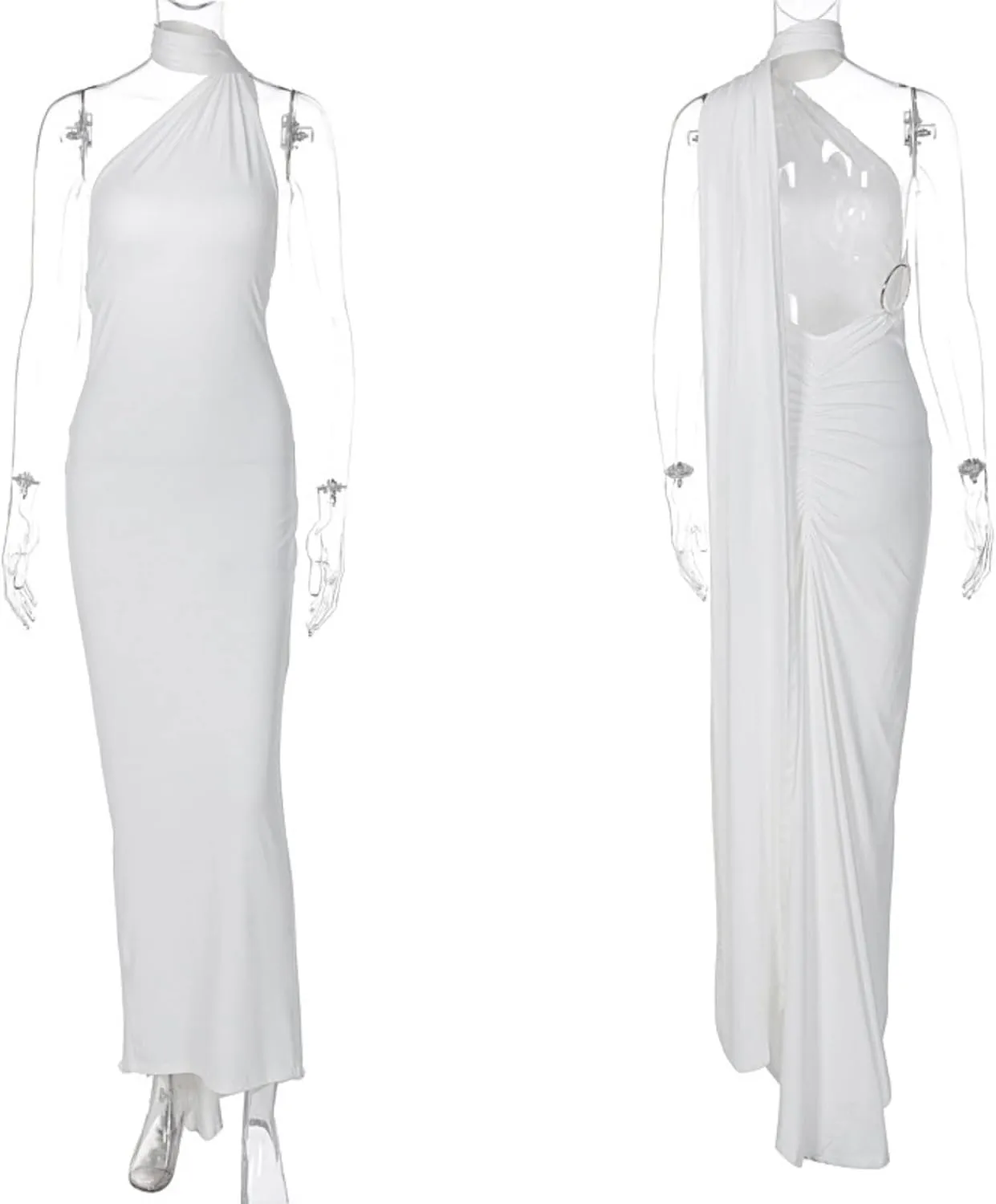 Women's Sexy One Shoulder Backless Maxi Dress Elegant Ruched O Ring Sleeveless Evening Dress Long Gown Cocktail Dress