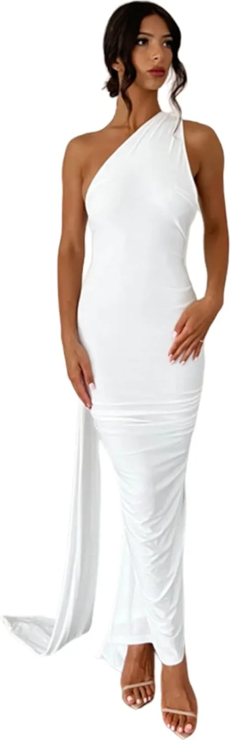 Women's Sexy One Shoulder Backless Maxi Dress Elegant Ruched O Ring Sleeveless Evening Dress Long Gown Cocktail Dress