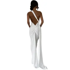 Women's Sexy One Shoulder Backless Maxi Dress Elegant Ruched O Ring Sleeveless Evening Dress Long Gown Cocktail Dress