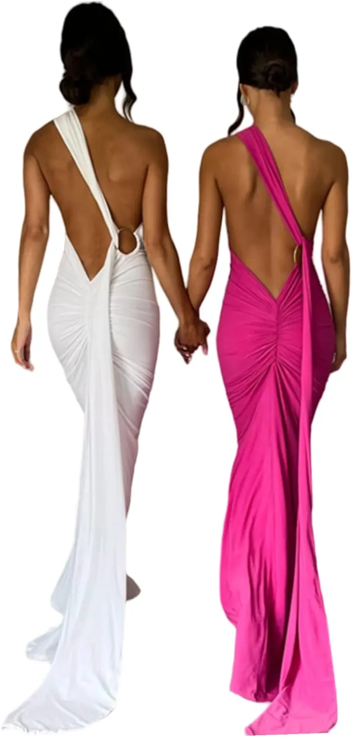 Women's Sexy One Shoulder Backless Maxi Dress Elegant Ruched O Ring Sleeveless Evening Dress Long Gown Cocktail Dress