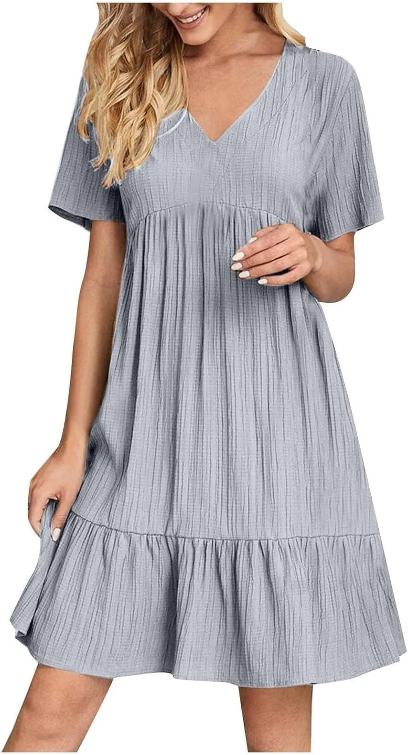 Womens Summer Dress V Neck Short Sleeve Ruffle Hem Tiered Flowy Swing Midi Dresses 2025 Beach Vacation Sundress Outfits