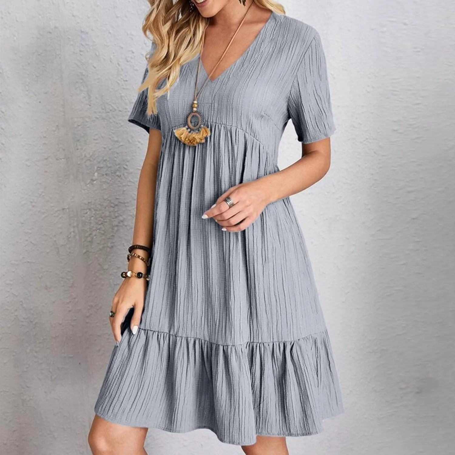 Womens Summer Dress V Neck Short Sleeve Ruffle Hem Tiered Flowy Swing Midi Dresses 2025 Beach Vacation Sundress Outfits