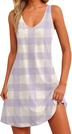 Womens Summer Dresses Sleeveless V Neck Sundress Printed Beach Dress with Pocket Vacation Casual Swimsuit Coverup