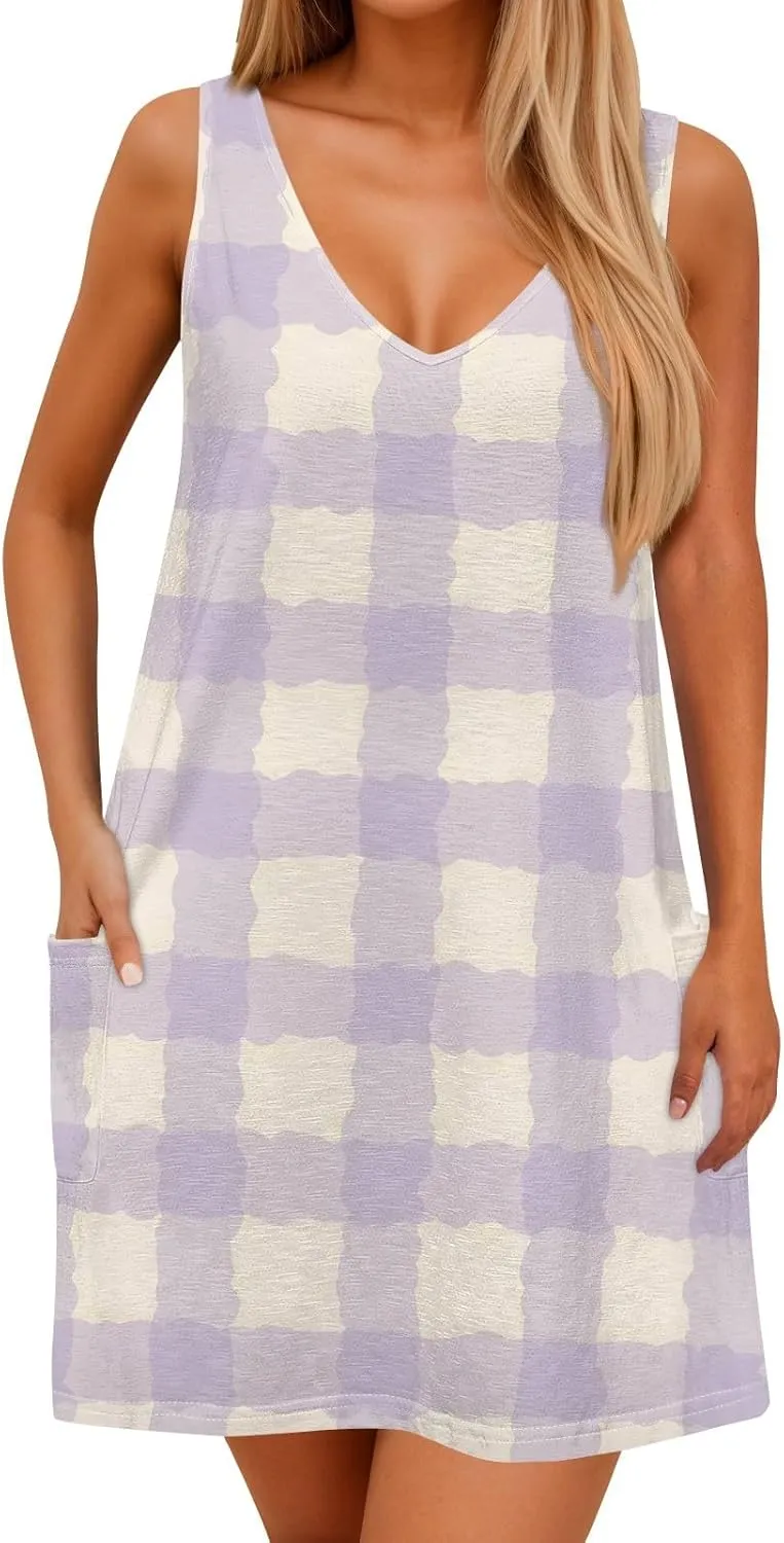 Womens Summer Dresses Sleeveless V Neck Sundress Printed Beach Dress with Pocket Vacation Casual Swimsuit Coverup