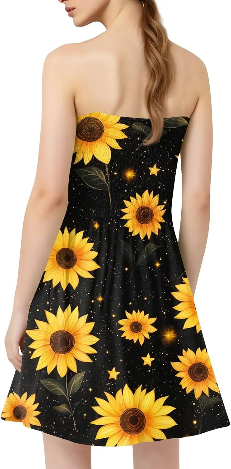 Womens Summer Dresses Strapless Boho Floral Mini Dress Casual Beach Cover Ups Tube Tops Sundress