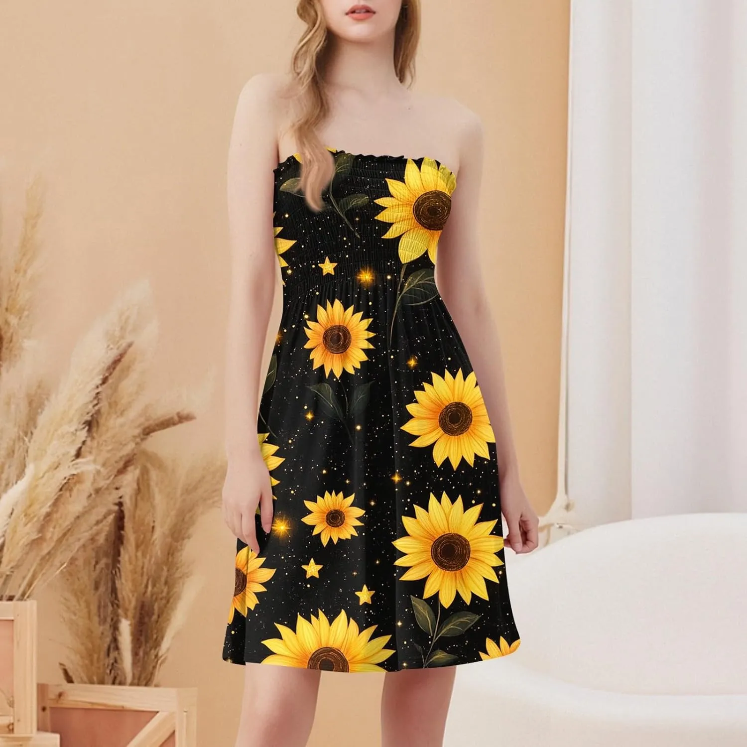 Womens Summer Dresses Strapless Boho Floral Mini Dress Casual Beach Cover Ups Tube Tops Sundress