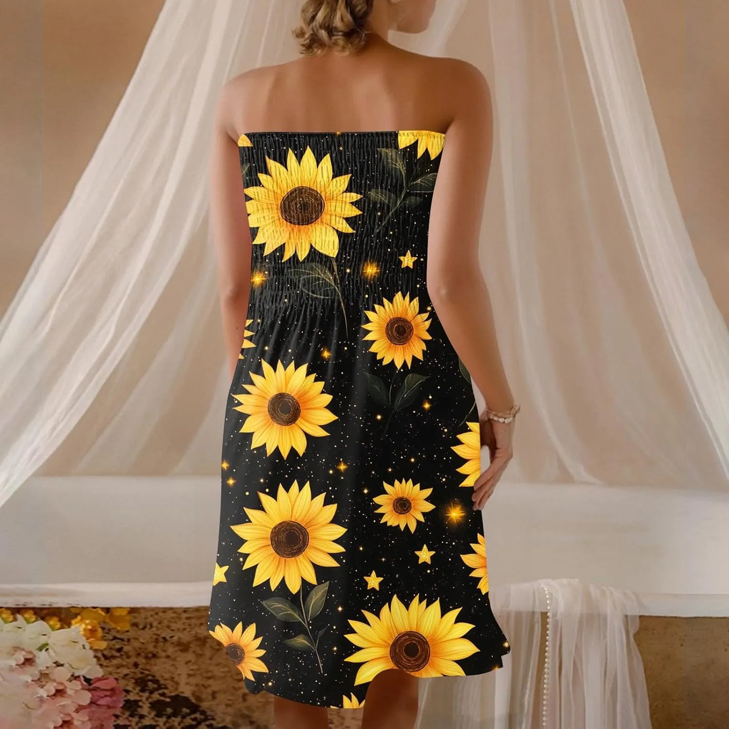 Womens Summer Dresses Strapless Boho Floral Mini Dress Casual Beach Cover Ups Tube Tops Sundress