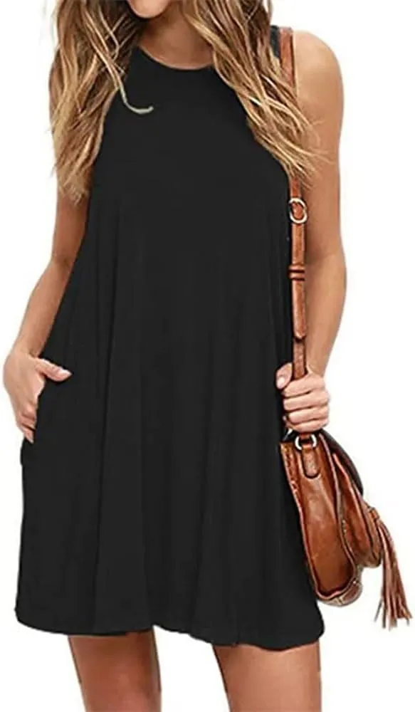Women's Summer Flowy Tank Dress Casual O-Neck Loose Fit Sleeveless Knee Length Dress