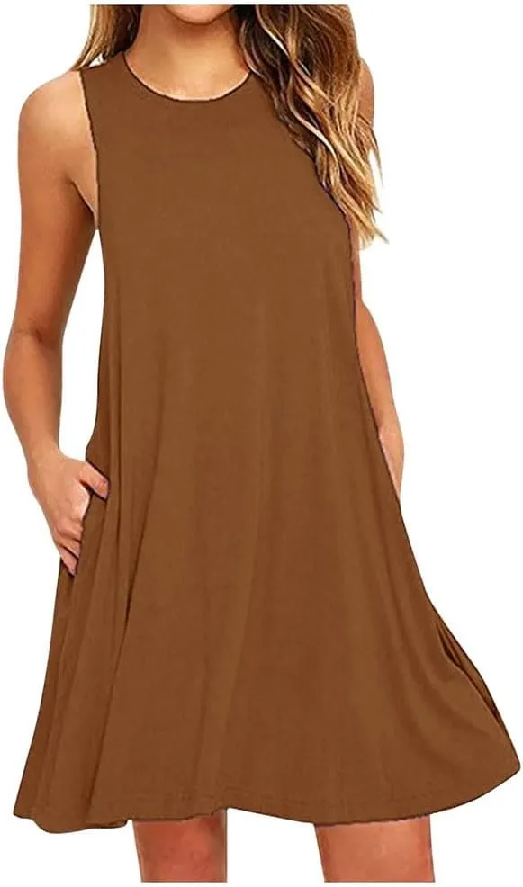 Women's Summer Flowy Tank Dress Casual O-Neck Loose Fit Sleeveless Knee Length Dress