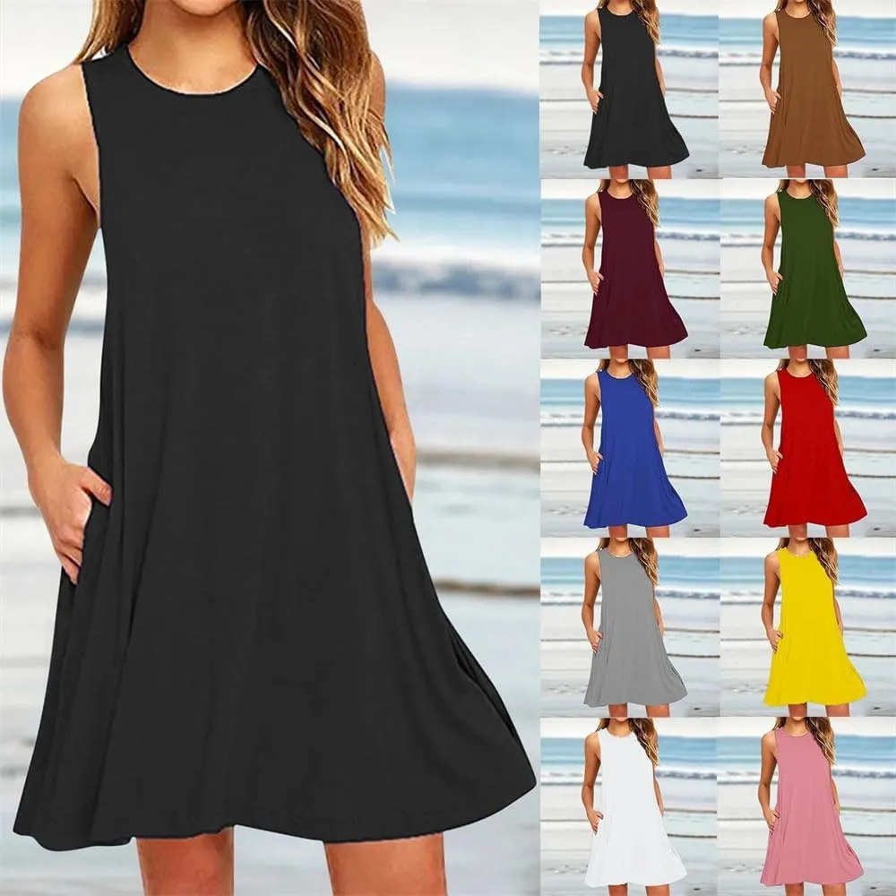 Women's Summer Flowy Tank Dress Casual O-Neck Loose Fit Sleeveless Knee Length Dress