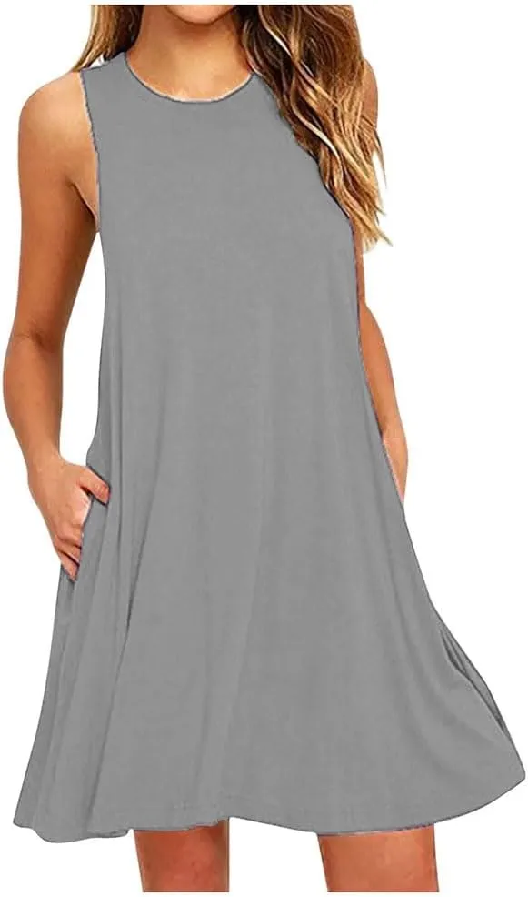 Women's Summer Flowy Tank Dress Casual O-Neck Loose Fit Sleeveless Knee Length Dress