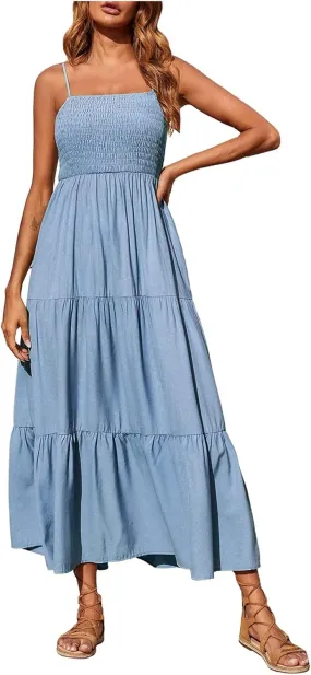 Womens Summer Maxi Dress Spaghetti Strap Smocked Sundress Flowy Tiered Beach Dresses Boho Long Dress Cruise Outfits