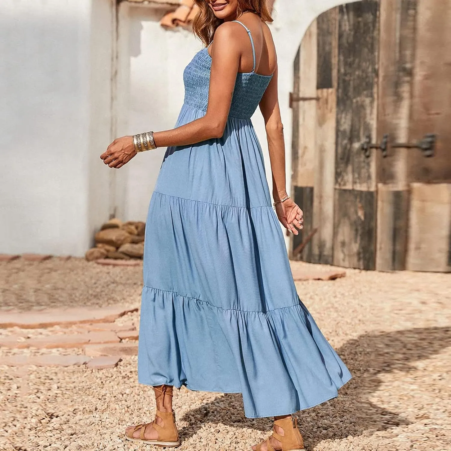Womens Summer Maxi Dress Spaghetti Strap Smocked Sundress Flowy Tiered Beach Dresses Boho Long Dress Cruise Outfits