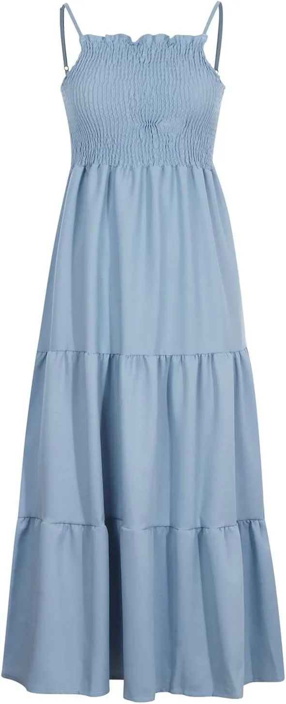 Womens Summer Maxi Dress Spaghetti Strap Smocked Sundress Flowy Tiered Beach Dresses Boho Long Dress Cruise Outfits
