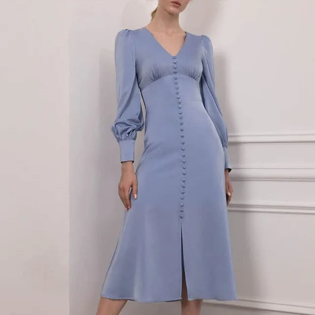 Yeknu Satin Prom Women's Long Dress For Party Lantern Sleeve A-Line High Waist Slim Elegant Dresses Clothes New Year Ball Evening