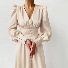 Yeknu Satin Prom Women's Long Dress For Party Lantern Sleeve A-Line High Waist Slim Elegant Dresses Clothes New Year Ball Evening
