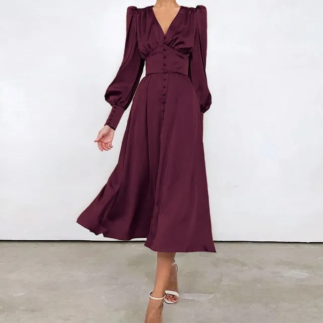 Yeknu Satin Prom Women's Long Dress For Party Lantern Sleeve A-Line High Waist Slim Elegant Dresses Clothes New Year Ball Evening