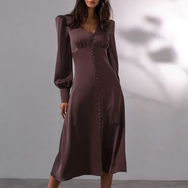 Yeknu Satin Prom Women's Long Dress For Party Lantern Sleeve A-Line High Waist Slim Elegant Dresses Clothes New Year Ball Evening