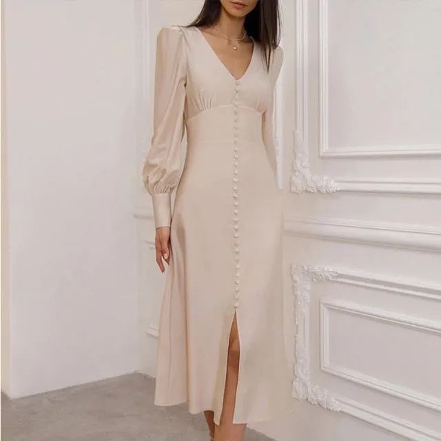 Yeknu Satin Prom Women's Long Dress For Party Lantern Sleeve A-Line High Waist Slim Elegant Dresses Clothes New Year Ball Evening