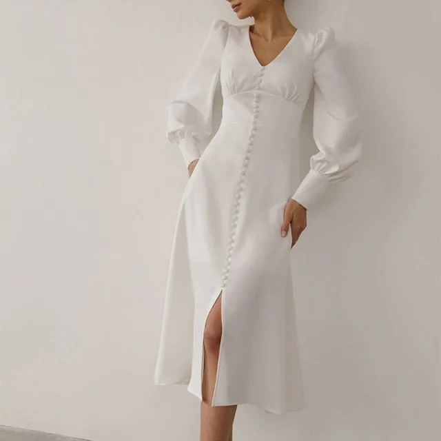 Yeknu Satin Prom Women's Long Dress For Party Lantern Sleeve A-Line High Waist Slim Elegant Dresses Clothes New Year Ball Evening