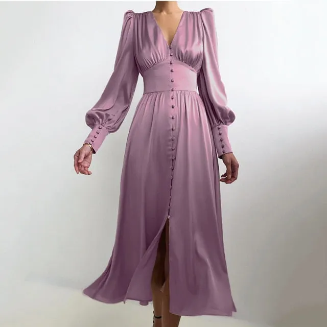 Yeknu Satin Prom Women's Long Dress For Party Lantern Sleeve A-Line High Waist Slim Elegant Dresses Clothes New Year Ball Evening